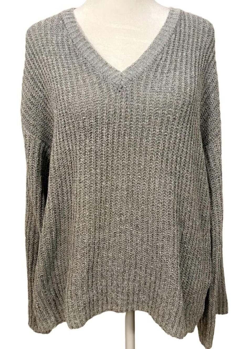 Pol V-Neck Sweater Size M Gray Open Knit Pullover Oversized Slouchy Boho Layer